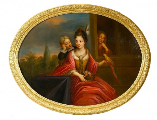 Jeune femme au perroquet - Tableau ovale d'époque Louis XIV