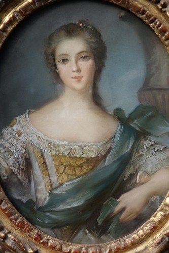 Tableaux et dessins Dessin, Aquarelle & Pastel - Portrait d'une jeune femme - Pastel et son cadre XVIIIe