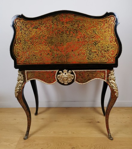 XIXe siècle - Table-console de jeu d'époque Napoléon III en marqueterie Boulle