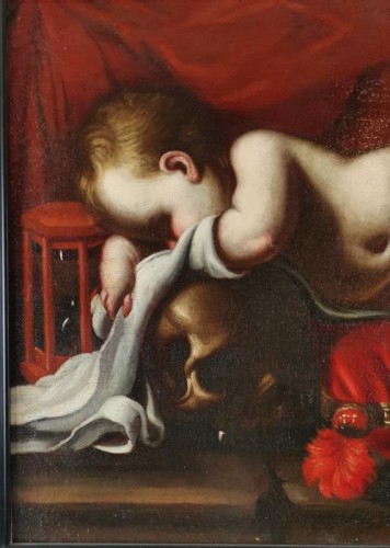 XVIIe siècle - Putto endormi à la vanité, atelier de Luigi Miradori dit « Le Genovesino ».