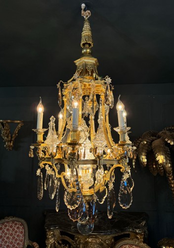 Lustre de forme pagode en bronze doré cristal attribué à Henri vian - Luminaires Style Napoléon III