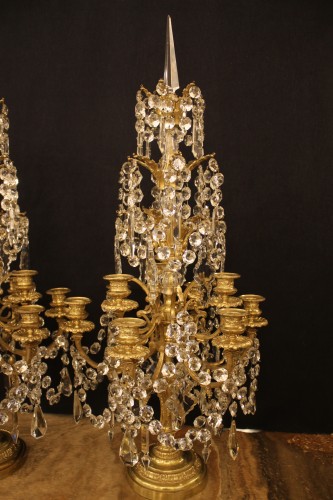 Paire de girandoles à 9 feux en bronze et cristal, époque Napoléon III - Luminaires Style Napoléon III