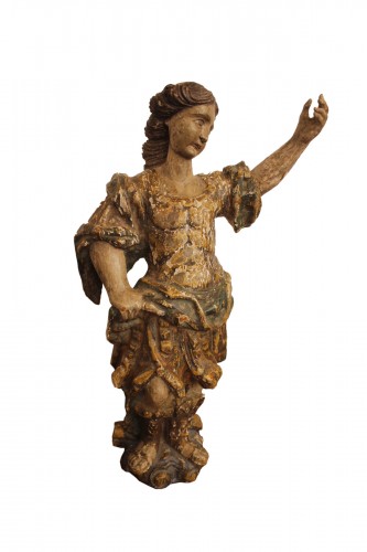 Jeune femme en armure, sculpture en bois polychrome, époque XVIIe siècle