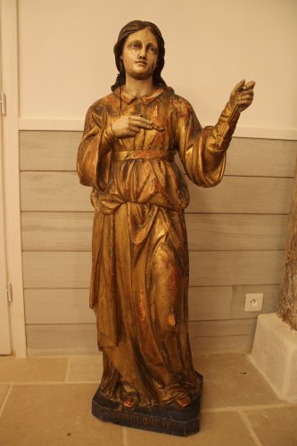 Sainte Philomène, grande sculpture en bois doré et polychromé, époque XIXe siècle - Art sacré, objets religieux Style Restauration - Charles X