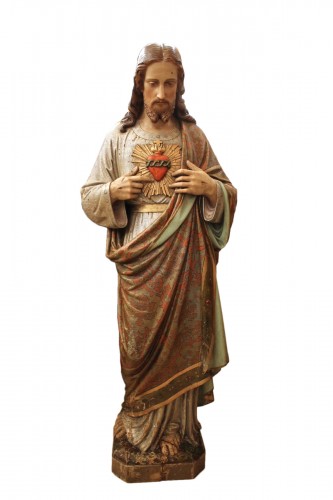 Grande statue du Sacré Coeur de Jésus en bois polychrome, milieu du XIXe siècle
