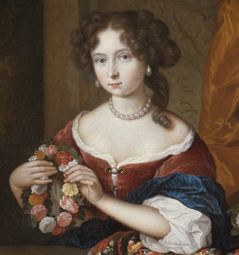 Tableaux et dessins Tableaux XVIIe siècle - Portrait d’une demoiselle en Flore – Attribué à Jan van Haensbergen (1642 – 1705)