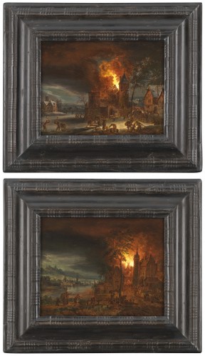 Le château en feu et l’incendie au village – Attribué à Daniel van Heil (1604 – 1662)