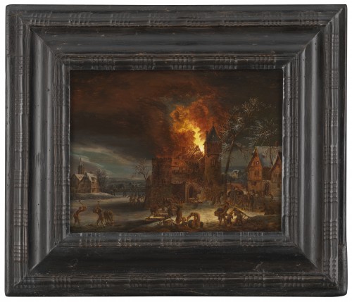Tableaux et dessins Tableaux XVIIe siècle - Le château en feu et l’incendie au village – Attribué à Daniel van Heil (1604 – 1662)