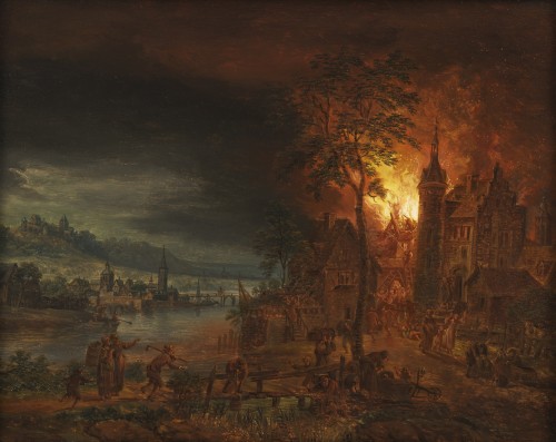Le château en feu et l’incendie au village – Attribué à Daniel van Heil (1604 – 1662) - Galerie Thierry Matranga
