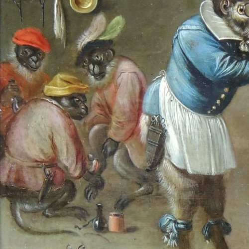 Tableaux et dessins Tableaux XVIIe siècle - Ecole flamande XVIIe - Ferdinand Van Kessel – Le singe barbier