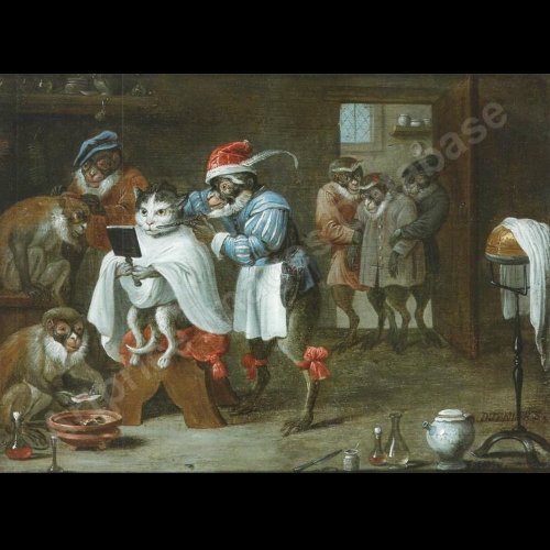 Antiquités - Ecole flamande XVIIe - Ferdinand Van Kessel – Le singe barbier