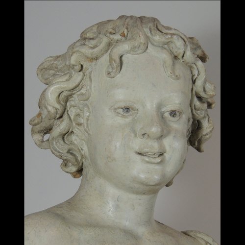 Grand Putto en bois sculpté polychromé - Italie XVIIe siècle - 