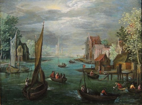 Ecole flamande du XVIIe siècle – Pêcheurs dans un paysage fluvial