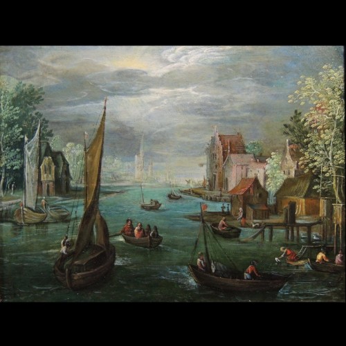 Tableaux et dessins Tableaux XVIIe siècle - Ecole flamande du XVIIe siècle – Pêcheurs dans un paysage fluvial