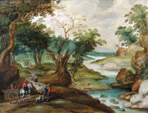 Paysage aux voyageurs – Ecole anversoise attribuée à Izaak van Oosten (1613 – 1661)