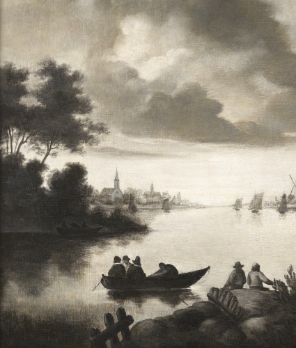 Vue d’un estuaire en grisaille. - Ecole néerlandaise du XVIIe siècle - Tableaux et dessins Style 