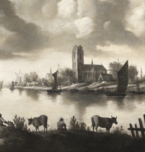 Tableaux et dessins Tableaux XVIIe siècle - Vue d’un estuaire en grisaille. - Ecole néerlandaise du XVIIe siècle