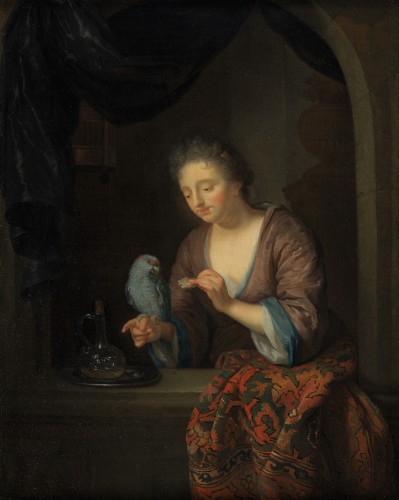 Dame au perroquet – Attribué à Godfried Schalcken (1643 - 1706) - Tableaux et dessins Style 