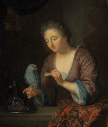 Tableaux et dessins Tableaux XVIIe siècle - Dame au perroquet – Attribué à Godfried Schalcken (1643 - 1706)