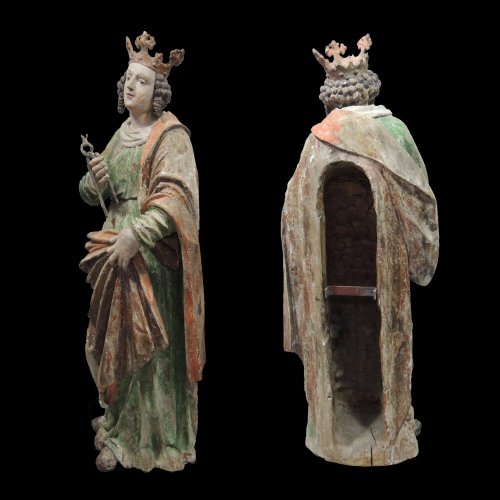 Ste Apollonie-Statue tilleul polychromée-Hte-Souabe XVIe siècle - Art sacré, objets religieux Style Renaissance