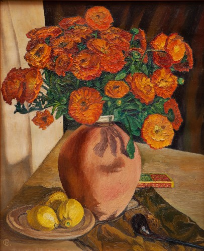 Ettore Cosomati (1871 - 1960) Nature morte de Calende avec citrons et pipe - Tableaux et dessins Style 