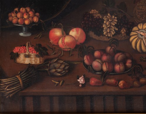 Nature morte avec des fruits, des légumes et un vase avec des fleurs sur une étagère - Tableaux et dessins Style 