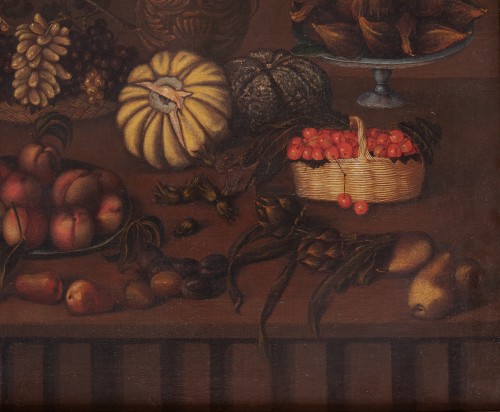 Tableaux et dessins Tableaux XVIIe siècle - Nature morte avec des fruits, des légumes et un vase avec des fleurs sur une étagère