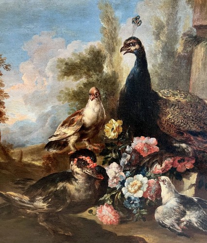 Colombe paon et canard tenant des fleurs dans un paysage de parc au coucher du soleil - Arte Fact Fine Art