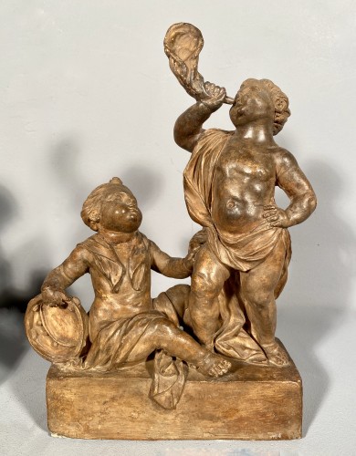 XVIIIe siècle - Projet de chenets en terre cuite aux enfants musiciens, Paris vers 1770