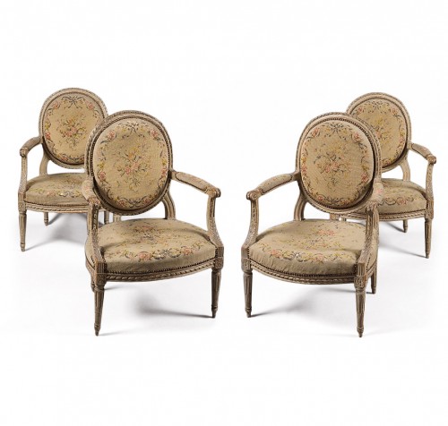 Suite de quatre fauteuils à la reine par N-T Porrot, époque Louis XVI