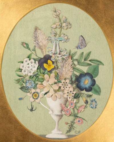 Tableaux et dessins Dessin, Aquarelle & Pastel - Vase fleuri au papillon