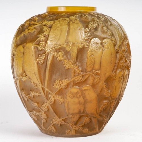 1919 René Lalique - Vase Perruches verre butterscotch - Verrerie, Cristallerie Style Art Déco