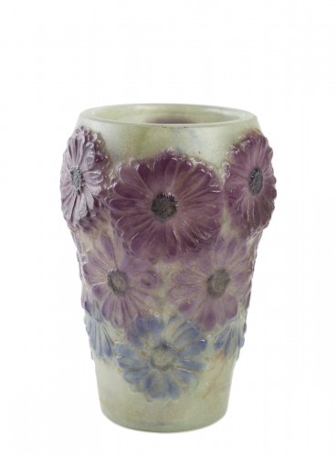 1920 Gabriel Argy-rousseau - Vase Soucis Pâte De Verre Verte, Violettes, Bleue