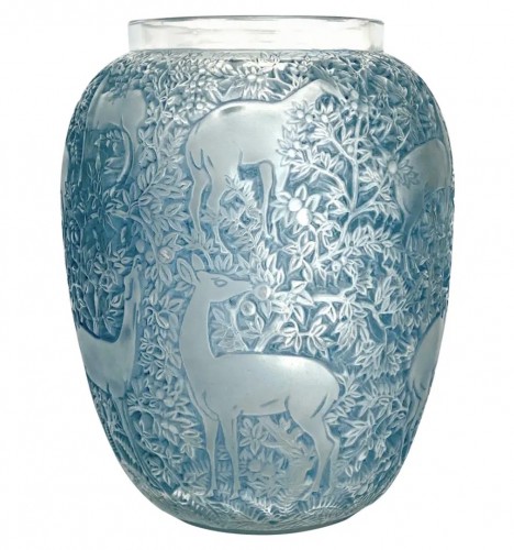 1931 René Lalique - Vase Biches Verre Blanc Patiné Bleu