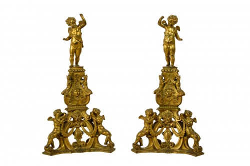 Paire de chenets en bronze finement ciselé et doré, Venise XIXe siècle
