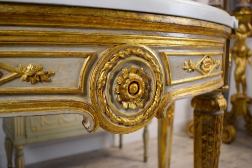 Antiquités - Console néo-classique en demi-lune laquée et dorée, Naples XVIIIe siècle