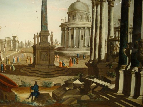 Tableaux et dessins Tableaux XVIIIe siècle - Caprice architectural romain avec des personnages, Francesco Chiarottini