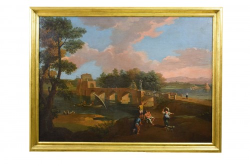 Paysage romain avec le pont Milvius - École romaine du 18e siècle, disciple de Paolo Anesi