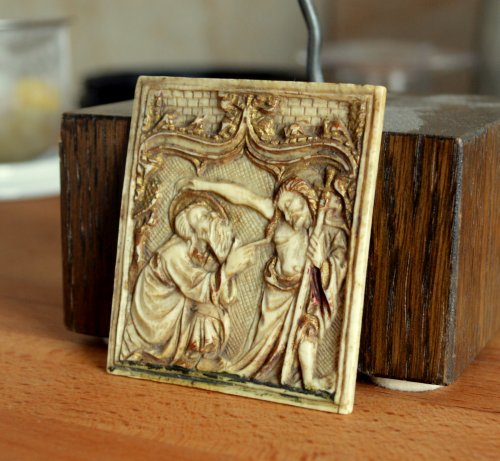Art sacré, objets religieux  - Plaquette en ivoire représentant St-Thomas et le Christ vers 1450