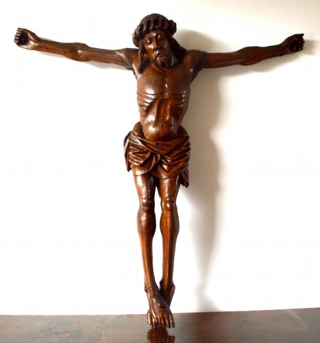 Christ en chêne sculpté vers 1500 - Art sacré, objets religieux Style Moyen Âge