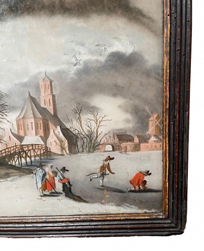 XVIIe siècle - Paysage d'hiver verre églomisé, Allemagne du sud  XVIIe siècle