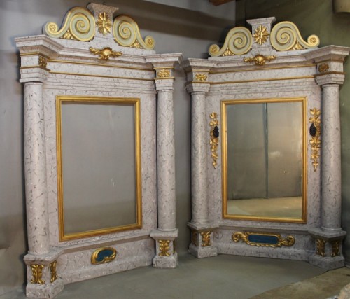 Paire de grands miroirs baroques polychromes XIXe - Miroirs, Trumeaux Style Napoléon III
