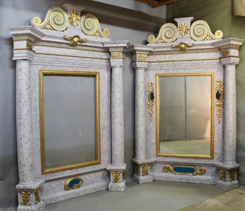 Paire de grands miroirs baroques polychromes XIXe - Napoléon III