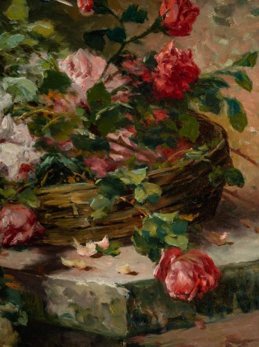 Jetée de roses sur un entablement - P. Valmon (1850 - 1911) - Tableaux et dessins Style 