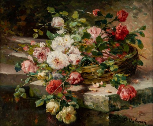 Tableaux et dessins Tableaux XIXe siècle - Jetée de roses sur un entablement - P. Valmon (1850 - 1911)