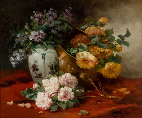 Nature morte aux bouquets de roses- Henri Cauchois (1850 - 1911) - Tableaux et dessins Style 