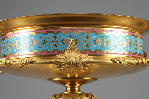 Objet de décoration Cassolettes, coupe et vase - Grande coupe en bronze doré, onyx d'Algérie et émaux cloisonnés