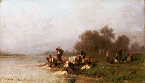 Lavandières au bord de la rivière - Karl Girardet (1813-1871) - Tableaux et dessins Style 