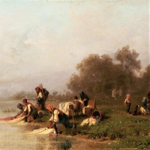 XIXe siècle - Lavandières au bord de la rivière - Karl Girardet (1813-1871)