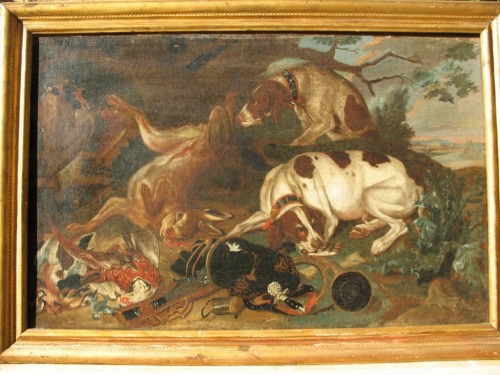 Paire d'huiles sur toile à décor de scènes de chasse Ecole flamande du XVIIe.